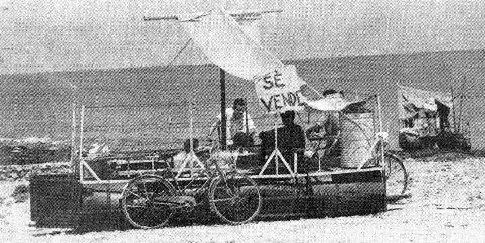 A raft with a "For Sale" sign on the beach in Cojimar, Cuba, 